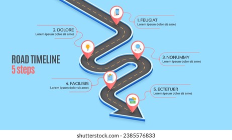 Isometric navigation map infographic 5 steps timeline concept. Winding road. Vector illustration.