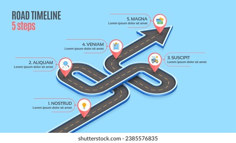 Isometric navigation map infographic 5 steps timeline concept. Winding road. Vector illustration.