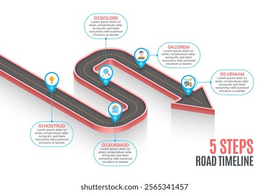 Isometric navigation map infographic 5 steps timeline concept. Winding road. Vector illustration.