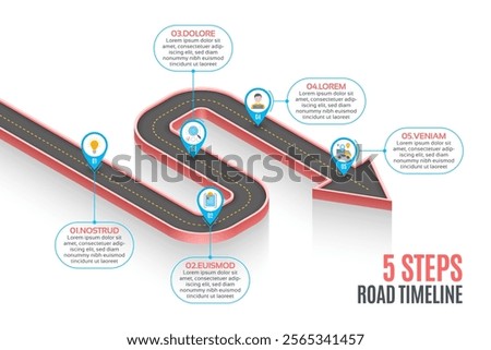 Isometric navigation map infographic 5 steps timeline concept. Winding road. Vector illustration.
