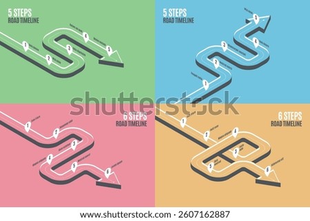 Isometric navigation map infographic 5-6 steps timeline concept. Winding road. Vector illustration.