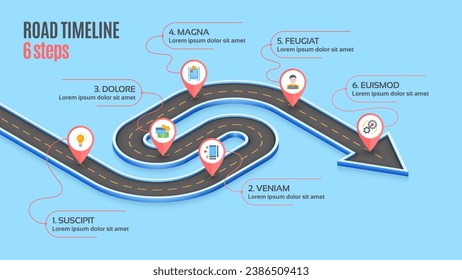 Isometric navigation map infographic 6 steps timeline concept. Winding road. Vector illustration.