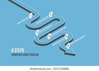 Isometric navigation map infographic 6 steps timeline concept. Winding road. Vector illustration.