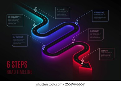 Isometric navigation map infographic 6 steps timeline concept. Winding road. Vector illustration.