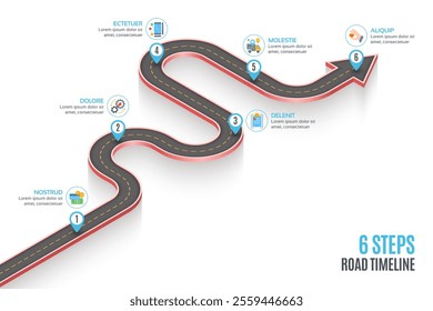 Isometric navigation map infographic 6 steps timeline concept. Winding road. Vector illustration.