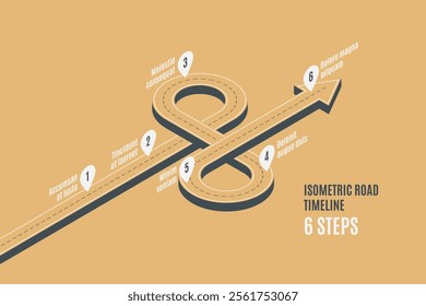Isometric navigation map infographic 6 steps timeline concept. Winding road. Vector illustration.
