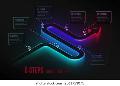 Isometric navigation map infographic 6 steps timeline concept. Winding road. Vector illustration.