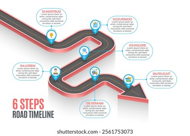 Isometric navigation map infographic 6 steps timeline concept. Winding road. Vector illustration.