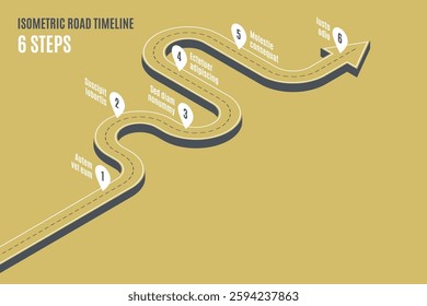 Isometric navigation map infographic 6 steps timeline concept. Winding road. Vector illustration.