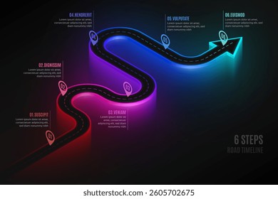 Isometric navigation map infographic 6 steps timeline concept. Winding road. Vector illustration.