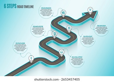 Mapa de navegação isométrica infográfico 6 passos conceito de linha do tempo. Estrada sinuosa. Ilustração vetorial.