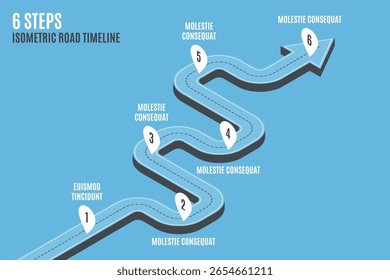 Isometric navigation map infographic 6 steps timeline concept. Winding road. Vector illustration.