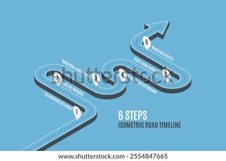 Isometric navigation map infographic 6 steps timeline concept. Winding road. Vector illustration.