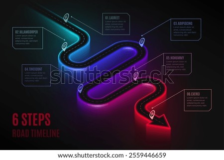 Isometric navigation map infographic 6 steps timeline concept. Winding road. Vector illustration.