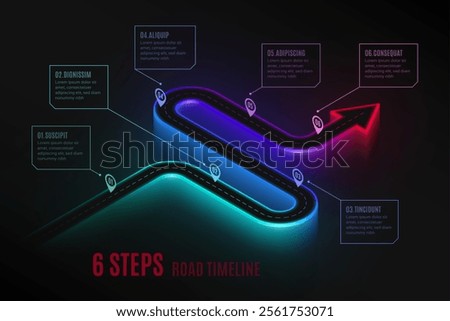 Isometric navigation map infographic 6 steps timeline concept. Winding road. Vector illustration.