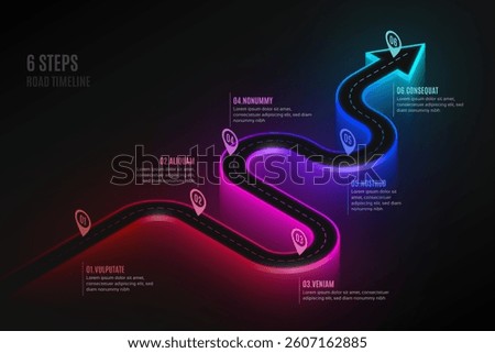 Isometric navigation map infographic 6 steps timeline concept. Winding road. Vector illustration.