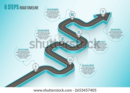 Isometric navigation map infographic 6 steps timeline concept. Winding road. Vector illustration.