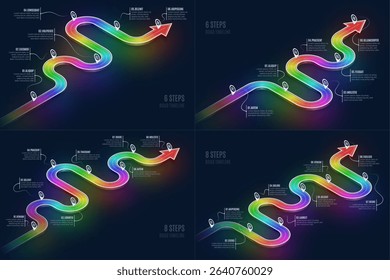 Isometric navigation map infographic 6-8 steps timeline concept. Winding road. Vector illustration.