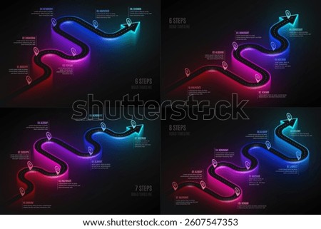 Isometric navigation map infographic 6-8 steps timeline concept. Winding road. Vector illustration.