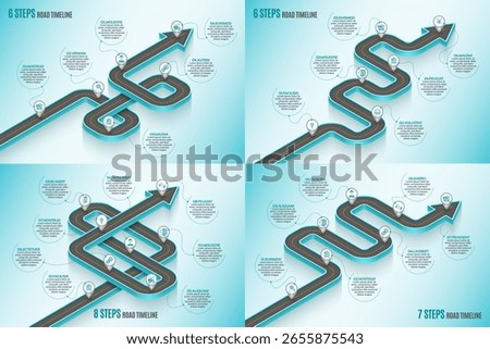 Isometric navigation map infographic 6-8 steps timeline concept. Winding road. Vector illustrations set.