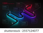 Isometric navigation map infographic 7 steps timeline concept. Winding road. Vector illustration.