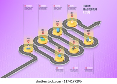 Isometric Navigation Map Infographic 7 Steps Timeline Concept. Vector Illustration