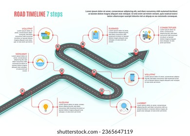 Isometric navigation map infographic 7 steps timeline concept. Winding road. Vector illustration.