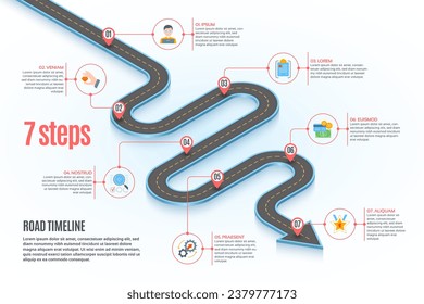 Isometric navigation map infographic 7 steps timeline concept. Winding road. Vector illustration.