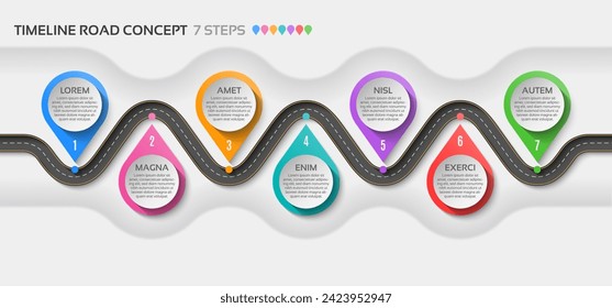 Isometric navigation map infographic 7 steps timeline concept. Winding road. Vector illustration