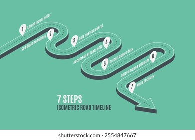 Isometric navigation map infographic 7 steps timeline concept. Winding road. Vector illustration.