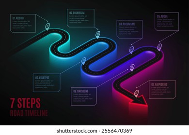 Isometric navigation map infographic 7 steps timeline concept. Winding road. Vector illustration.