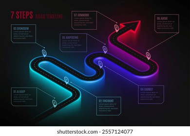 Isometric navigation map infographic 7 steps timeline concept. Winding road. Vector illustration.