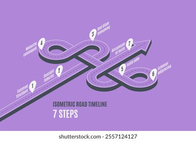 Isometric navigation map infographic 7 steps timeline concept. Winding road. Vector illustration.