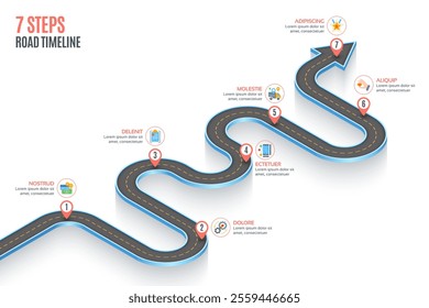 Isometric navigation map infographic 7 steps timeline concept. Winding road. Vector illustration.