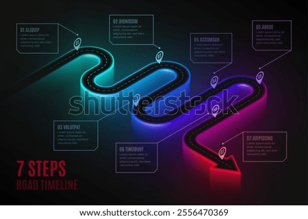 Isometric navigation map infographic 7 steps timeline concept. Winding road. Vector illustration.