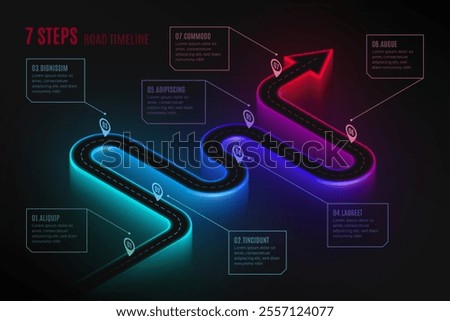 Isometric navigation map infographic 7 steps timeline concept. Winding road. Vector illustration.