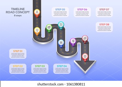 Isometric navigation map infographic 8 steps timeline concept. Winding road. Vector illustration.