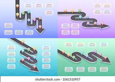 Isometric navigation map infographic 8 steps timeline concept. Winding road. Vector illustration. Color swatches control