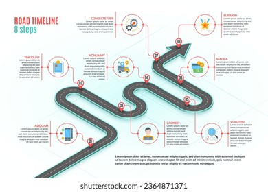 Isometric navigation map infographic concepto de línea de tiempo de 8 pasos. Camino sinuoso. Ilustración vectorial.