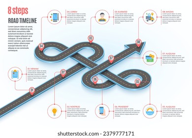 Isometric navigation map infographic 8 steps timeline concept. Winding road. Vector illustration.