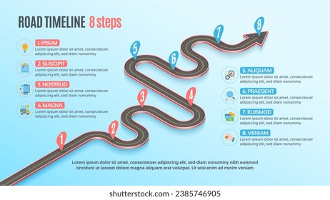 Isometric navigation map infographic 8 steps timeline concept. Winding road. Vector illustration.