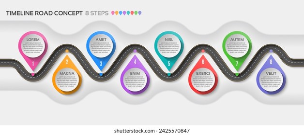 Mapa de navegación isométrica infografía 8 pasos concepto de línea de tiempo. Sinuoso camino. Ilustración de vector