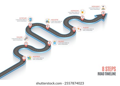 Isometric navigation map infographic 8 steps timeline concept. Winding road. Vector illustration.