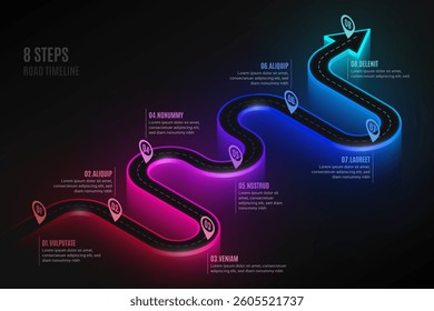 Isometric navigation map infographic 8 steps timeline concept. Winding road. Vector illustration.