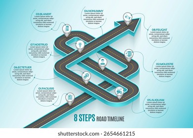 Isometric navigation map infographic 8 steps timeline concept. Winding road. Vector illustration.