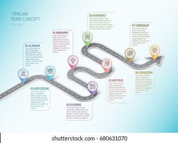 Isometric Navigation Map Infographic 8 Steps Timeline Concept. Winding Road. Vector Illustration.