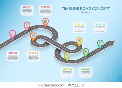 Isometric Navigation Map Infographic 8 Steps Timeline Concept. Winding Road. Vector Illustration.