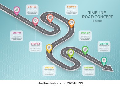 Isometric Navigation Map Infographic 8 Steps Timeline Concept. Vector Illustration