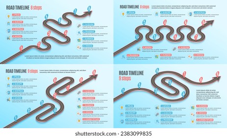 Isometric navigation map infographic 8-9 steps timeline concepts. Winding road. Vector illustrations set