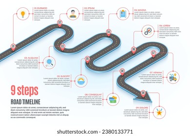 Isometric navigation map infographic 9 steps timeline concept. Winding road. Vector illustration.